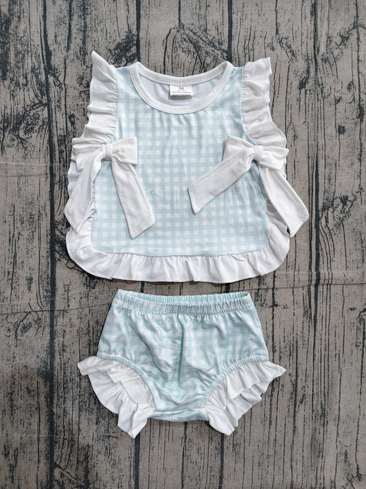 GBO0529 Preorder Sample Baby Girls Light Blue Checked Bows Tunic Bummies Clothes Sets
