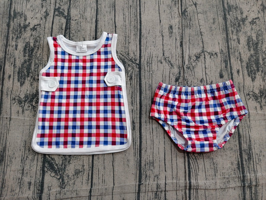 GBO0530 Preorder Sample Baby Boys Red Blue Checked Top Bummies 4th of July Clothes Sets