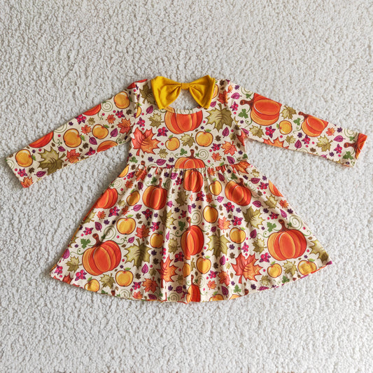 8.4 RTS NO MOQ（In Stock ) GLD0055 girls halloween dress pumpkin print long sleeve dress