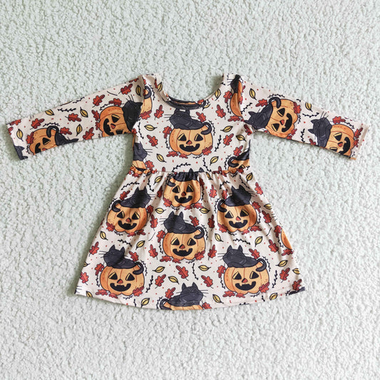 8.4 RTS NO MOQ（In Stock ) GLD0065 baby clothing long sleeve pumpkin print Halloween kids dresses for girls milk silk
