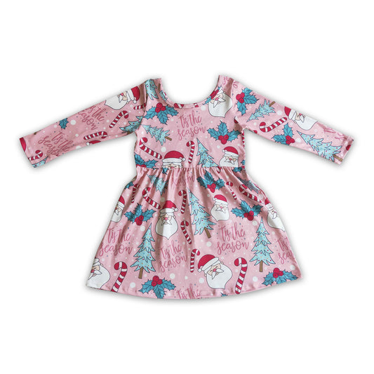 RTS NO MOQ（In Stock）GLD0149 baby christmas clothing long sleeve santa claus print kids dresses for girls milk silk