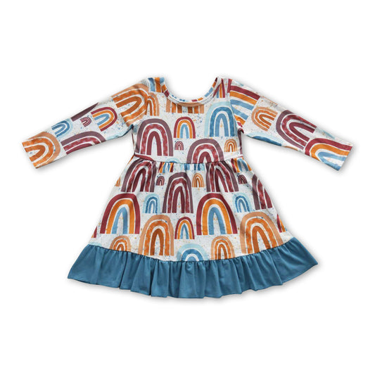 RTS NO MOQ（In Stock）GLD0205 Rainbow Print Blue Lace Long Sleeve Dress
