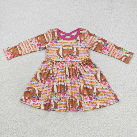 12.2 GLD0326 Baby Girls Pink Football Flowers Long Sleeve Dress
