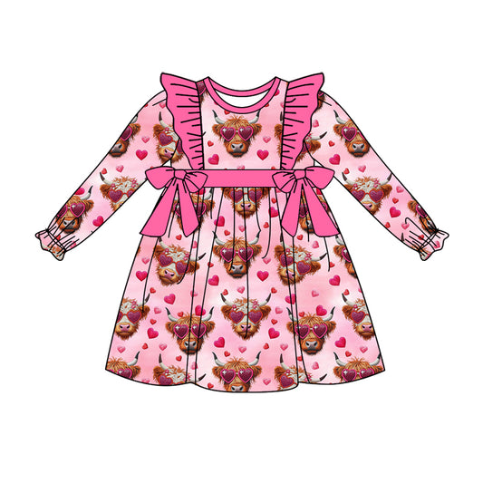 GLD0970 Baby Girls Valentines Highland Cow Hearts Bows Knee Length Dresses Preorder