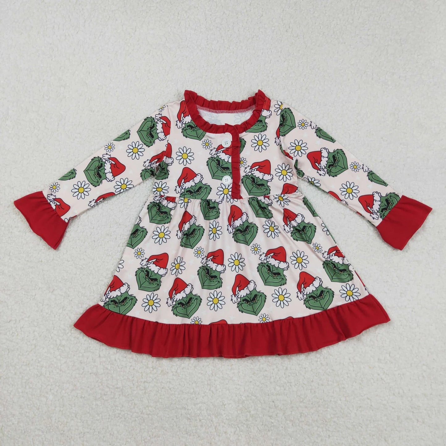 Sibling Girls Christmas Green Face Daisy Pajamas Set Zipper Footie Romper Knee Length Dress
