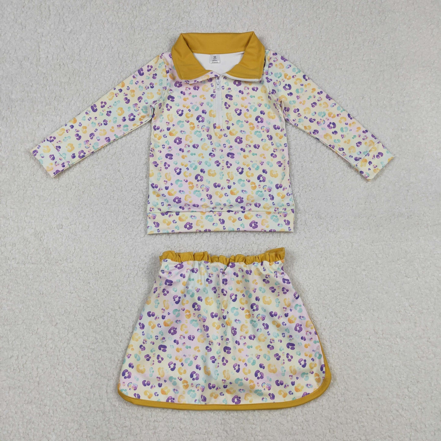 RTS NO MOQ（In Stock) GLD1365 Carnival Colorful Leopard Print Zipper Long-Sleeve Skirt Yoga Set