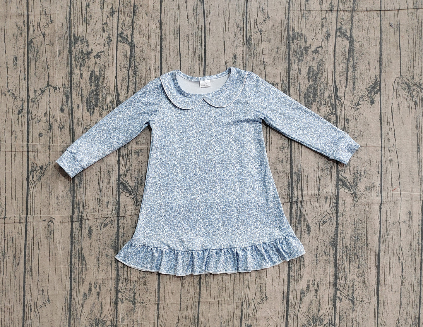 GLD1424 Preorder IRL Baby Girls Blue Floral Ruffle Collar Knee Length Dresses