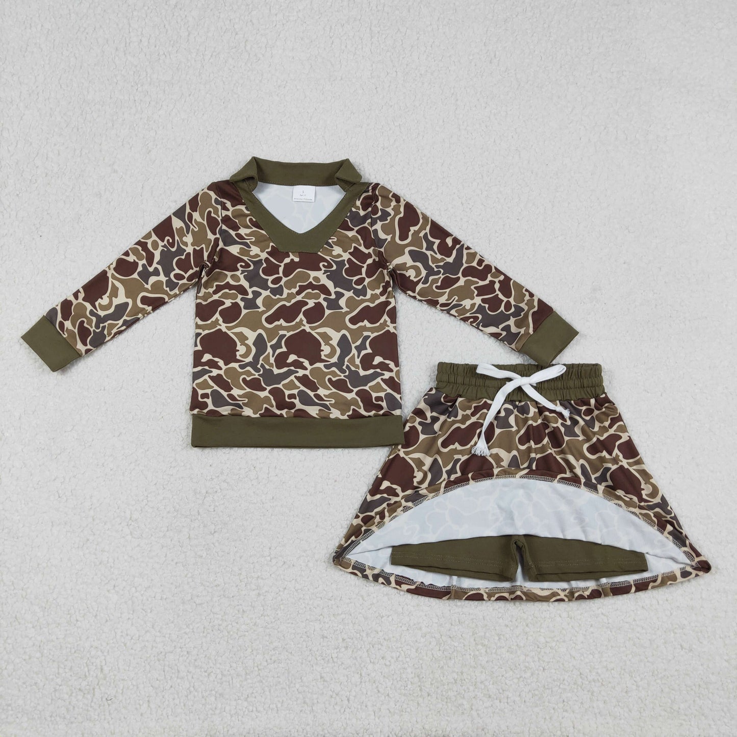 RTS NO MOQ（In Stock) GLD1479 Brown Green Camouflage Long-Sleeve Skirt Set