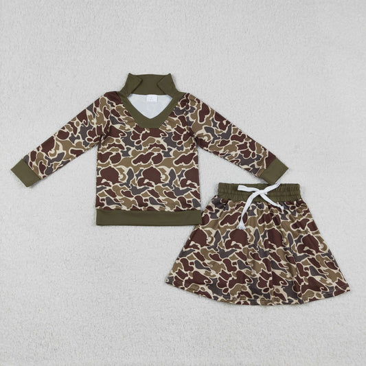 RTS NO MOQ(In Stock) GLD1479 Brown Green Camouflage Long-Sleeve Skirt Set