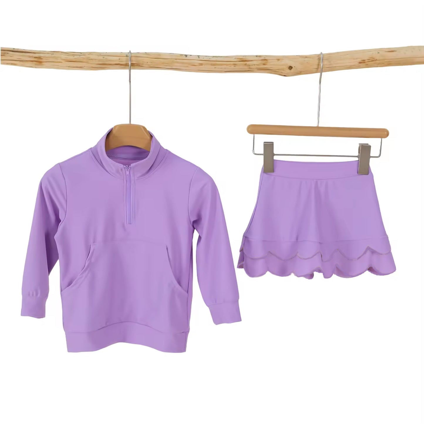GLD1583 Preorder Baby Girl Purple Zipper Pockets Pullovers Scallop Skirt Short Yoga Active Clothes Sets