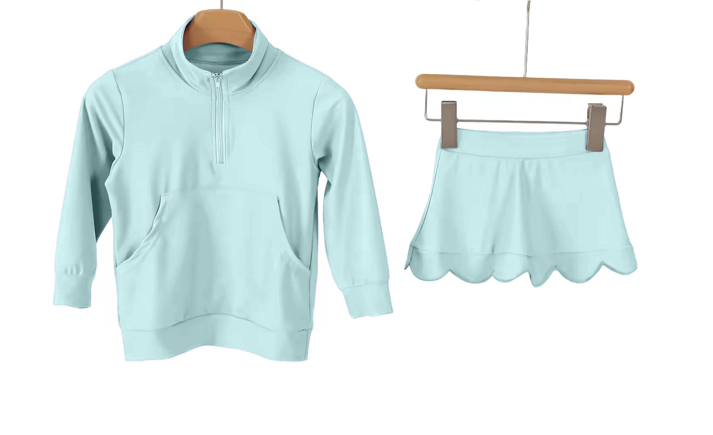 GLD1586 Preorder Baby Girl Blue Zipper Pockets Pullovers Scallop Skirt Short Yoga Active Clothes Sets