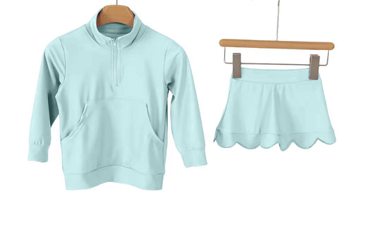 GLD1586 Preorder Baby Girl Blue Zipper Pockets Pullovers Scallop Skirt Short Yoga Active Clothes Sets