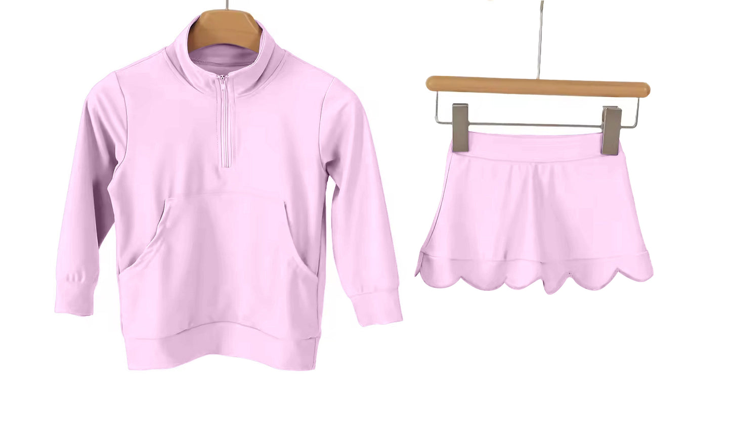 GLD1587 Preorder Baby Girl Pink Zipper Pockets Pullovers Scallop Skirt Short Yoga Active Clothes Sets