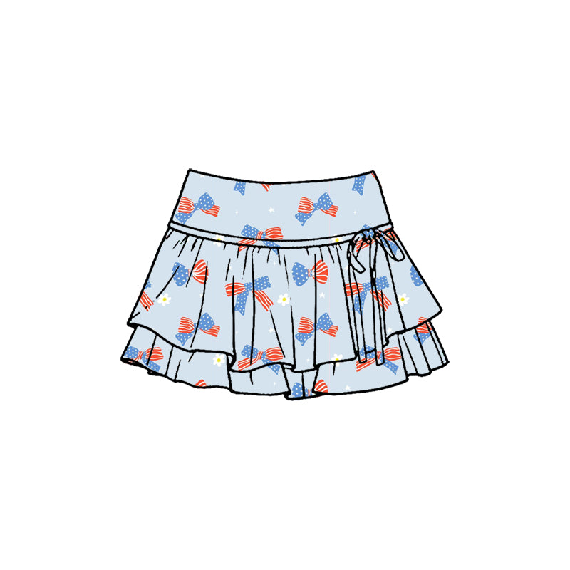 GLK0259 Preorder Baby Girl Blue Flower Flag Bows July 4th Yoga Active Skirt Shorts Bottom
