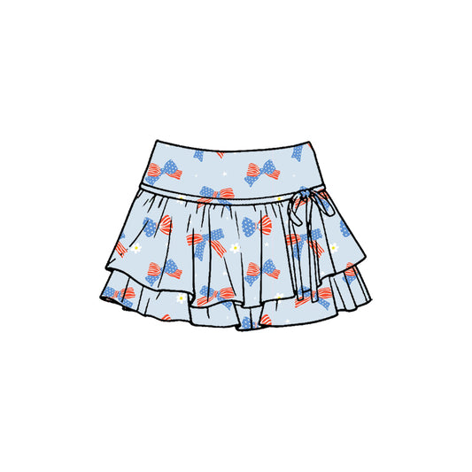GLK0259 Preorder Baby Girl Blue Flower Flag Bows July 4th Yoga Active Skirt Shorts Bottom
