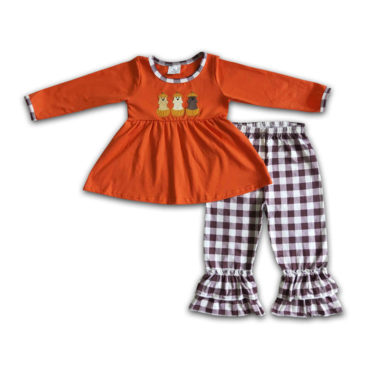 8.25 GLP0026 Embroidered Pumpkin Puppy Orange Long Sleeve Plaid Trousers Suit