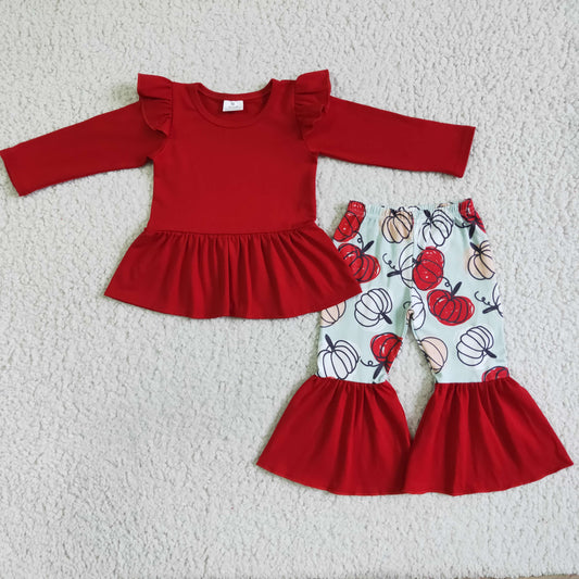 9.13 GLP0039 Girls Red Pumpkin Velvet Long Sleeve Pantsuit