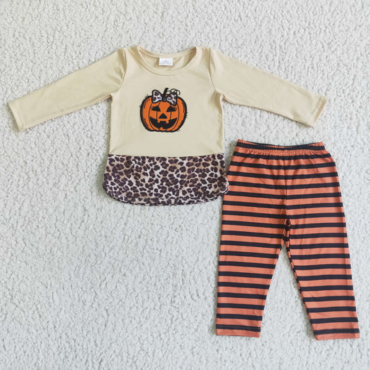 8.4 RTS NO MOQ（In Stock ) GLP0043 girl clothes girls Halloween yellow long sleeve long pants set milk silk pumpkin print