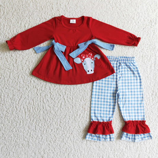 8.4 RTS NO MOQ GLP0068 Girls' red long-sleeved plaid trousers with embroidered bull head