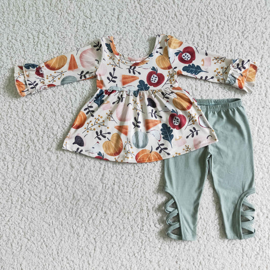 9.13 GLP0113 girls halloween outfit long sleeve and long pants pumpkin print