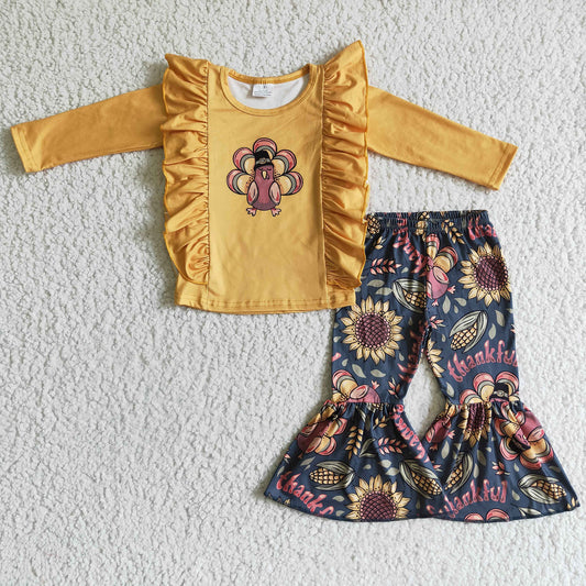 GLP0201  Girl Turkey Sunflower Long-sleeved long pants set