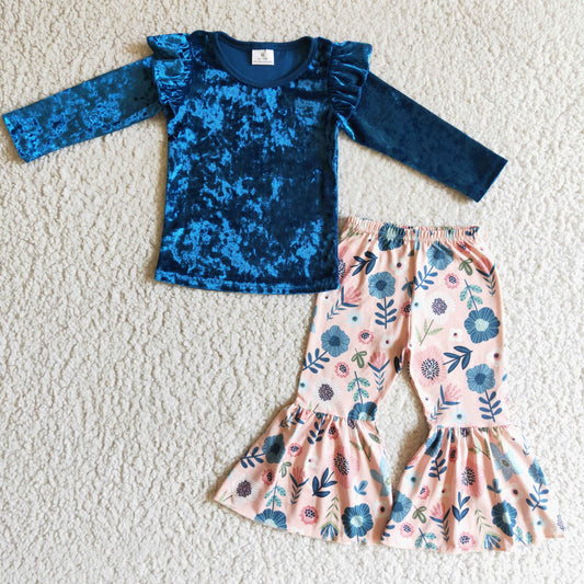 11.3 RTS NO MOQ(In Stock ) GLP0220 girls outfit gold velvet long sleeve and long pants flower print