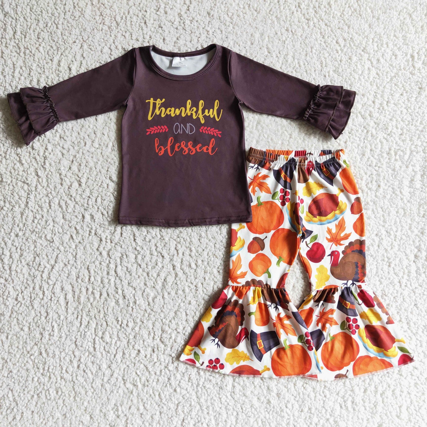10.7 GLP0230 girls thanksgiving outfit long sleeve and long pants turkey print