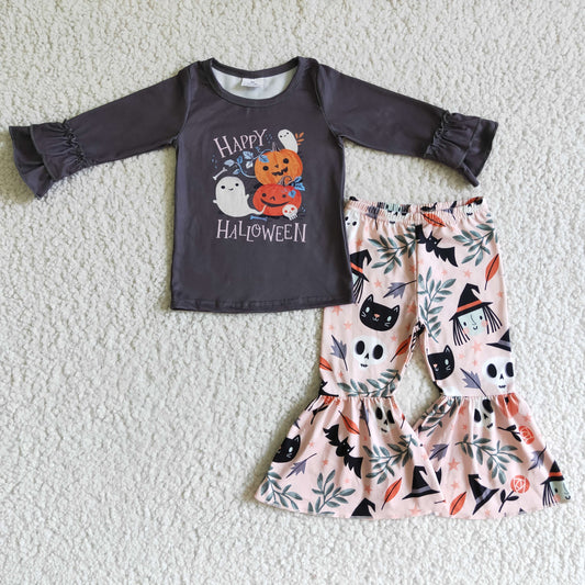 10.7 GLP0239 girls Halloween outfit long sleeve and long pants pumpkin print