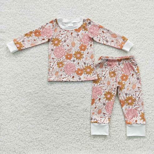 9.20 Sibling Baby Girls Orange Pink Daisy Flowers op Pants Pajamas Sets Zipper Rompers