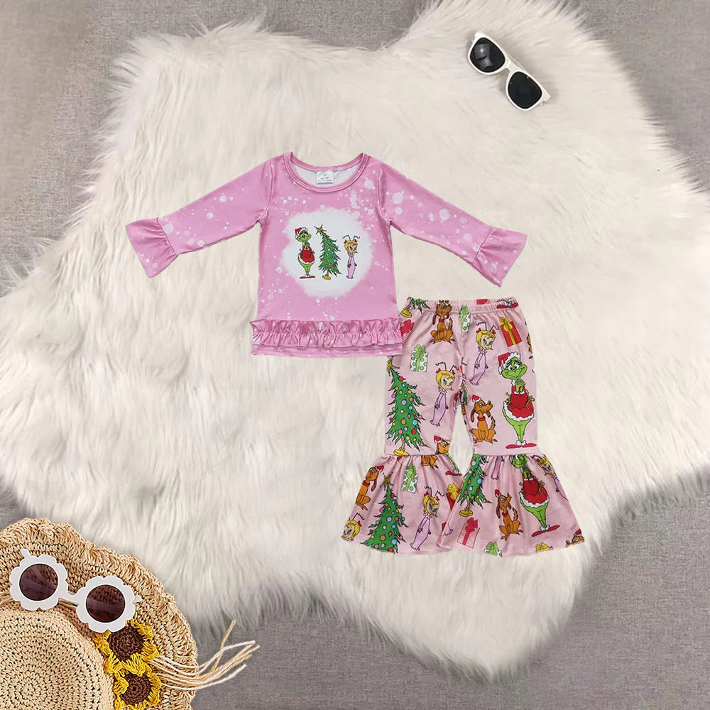 Sibling Baby Kids Girls Christmas Pink Frog Top Bell Bottom Pant Set Zipper Romper
