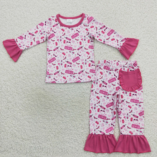 RTS NO MOQ（In Stock) GLP0701 Barbie Rose Pink Lace Long-Sleeve Pants Set