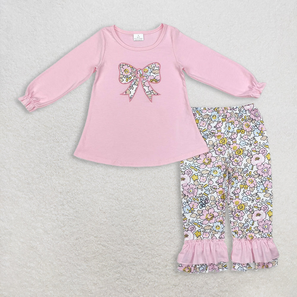 Sibling baby girl clothes Embroidery Floral Bows Baby Girls Ruffle Pants Clothes