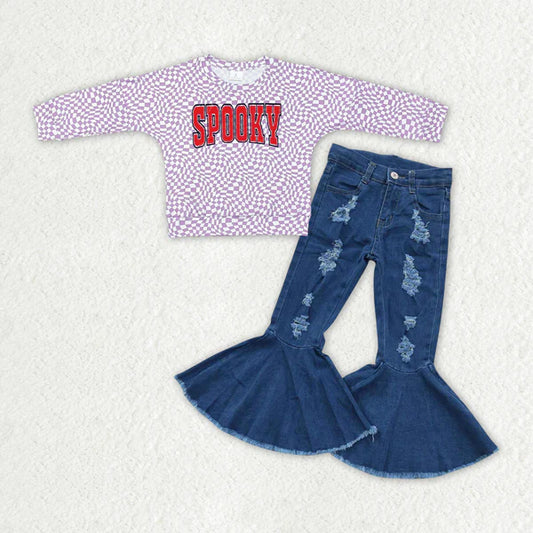 GT0716+P0133 Baby Girls Halloween Blue Ripped Denim Flared Pants Clothes Set