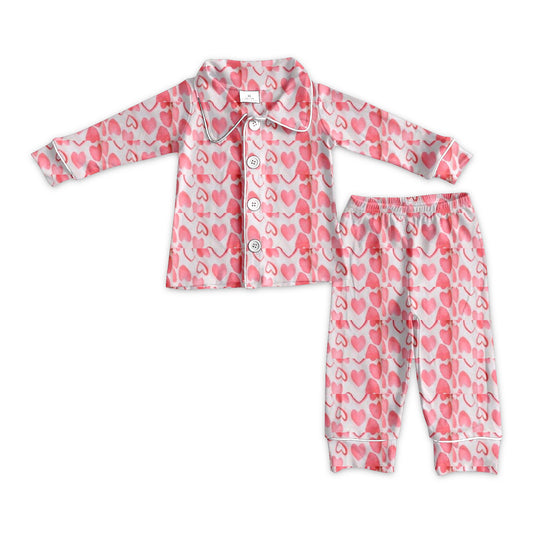 GLP2185 Baby Girls Valentines Pink Hearts Buttons Shirt Pants Pajamas Preorder