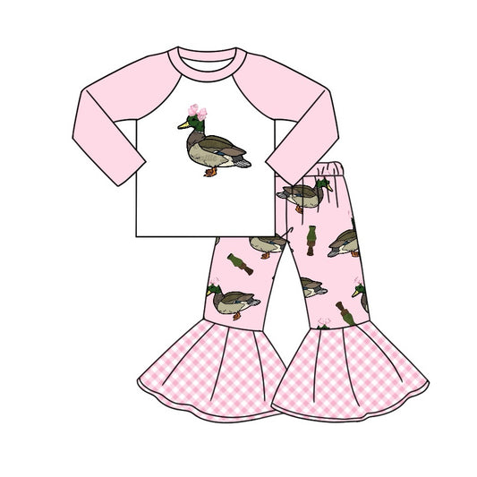 GLP2188 Baby Girls Pink Duck Bow Shirt Bell Pants Clothes Sets Preorder