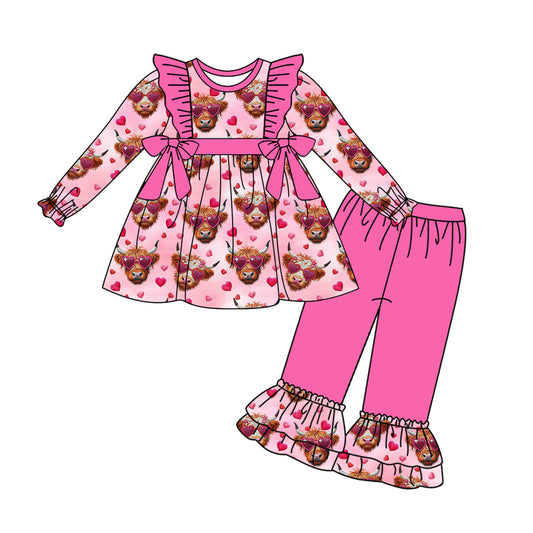 GLP2189 Baby Girls Valentines Highland Cow Hearts Bows Tunic Ruffle Pants Clothes Sets Preorder