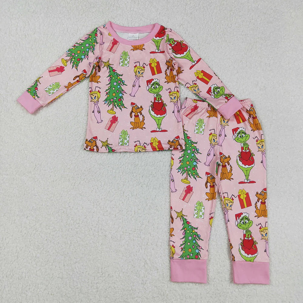 Sibling Baby Kids Girls Green Face Miss Christmas Pajamas Set Zipper Footed Romper