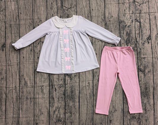 GLP2909 Preorder IRL Baby Girl Embroidery Bows Stripe Collar Tunic Leggings Clothes Sets