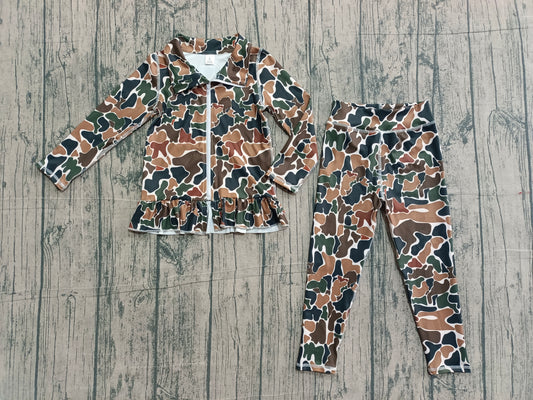 Pre-order Baby Girl Dark Brown Camo Zipper Jackets Ruffle Top Leggings Pants Yoga Clothes Sets GLP2992