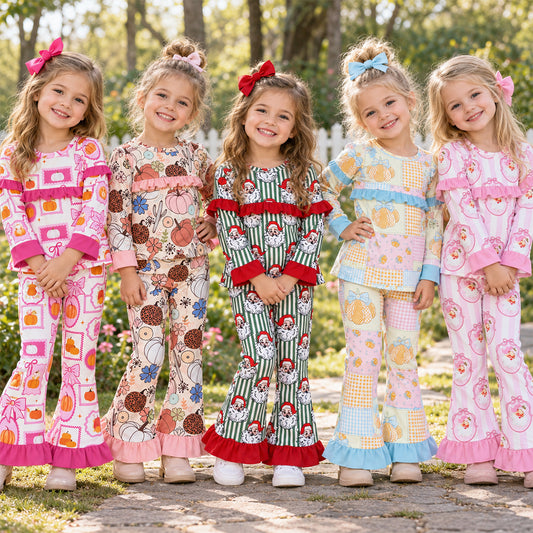 Sibling Baby Girls Long Sleeve Pumpkins Santa Top Ruffle Bell Bottom Pant Clothes Sets