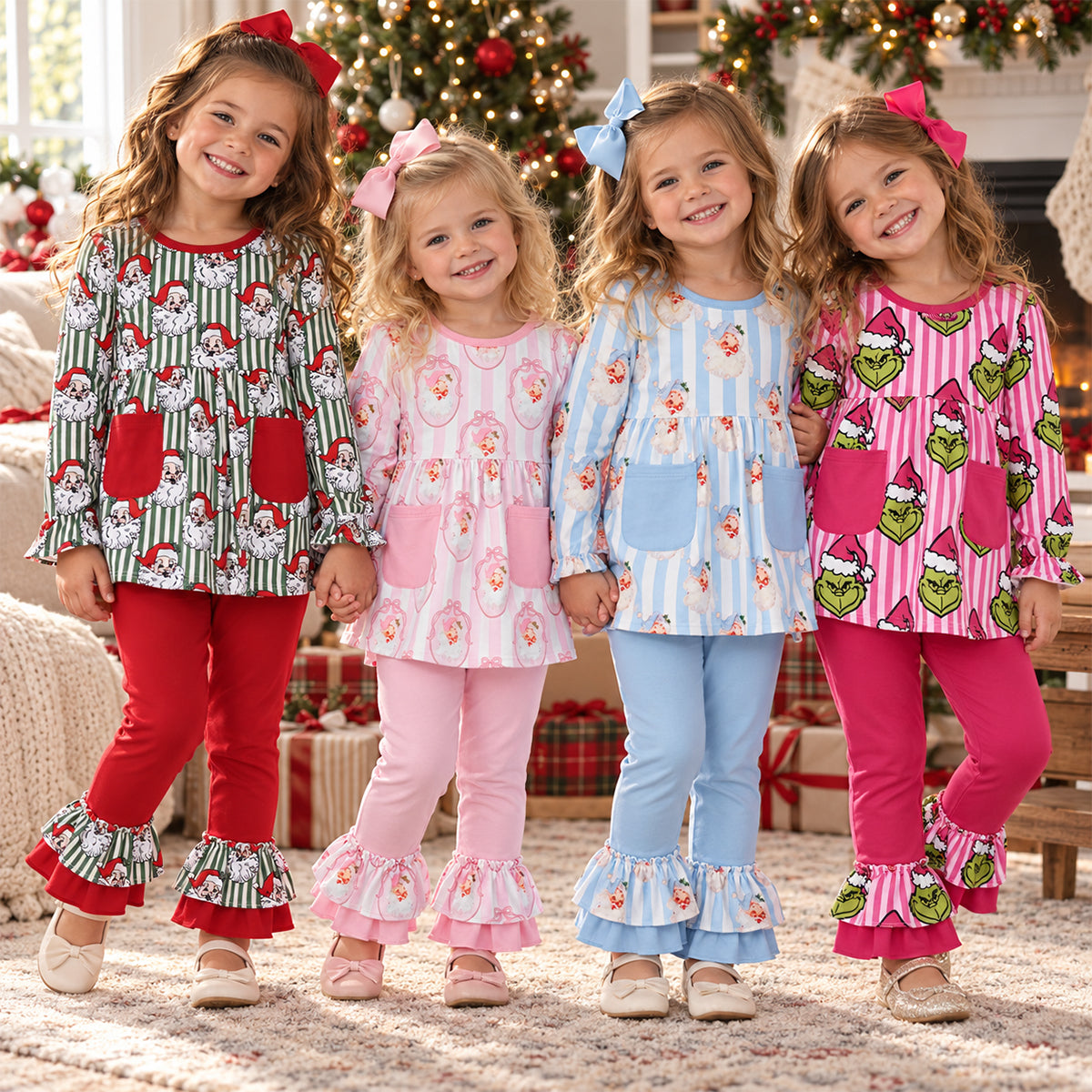 Sibling Baby Girls Santa Pockets Tunic Ruffle Pants Christmas Clothes Sets