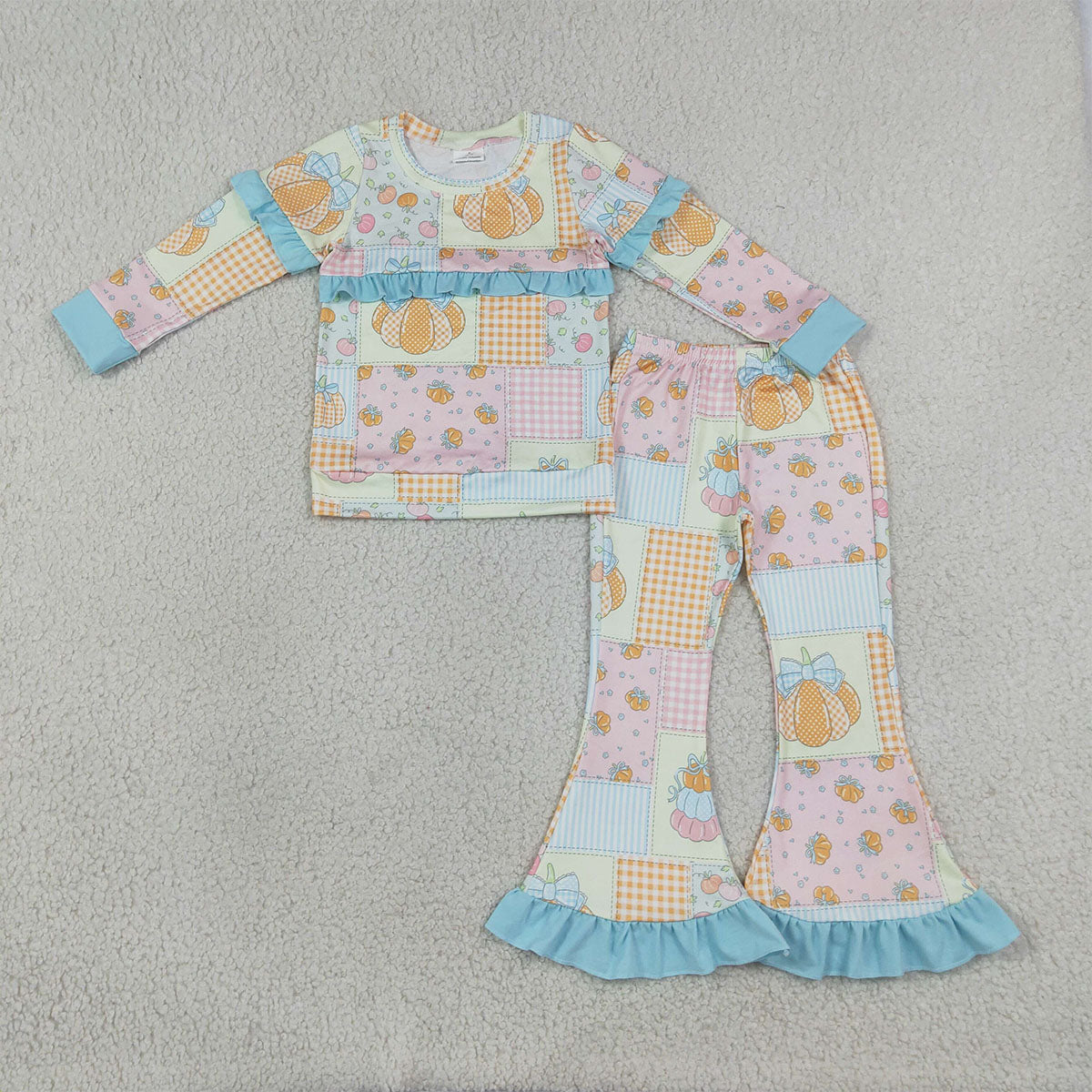 Sibling Baby Girls Long Sleeve Pumpkins Santa Top Ruffle Bell Bottom Pant Clothes Sets