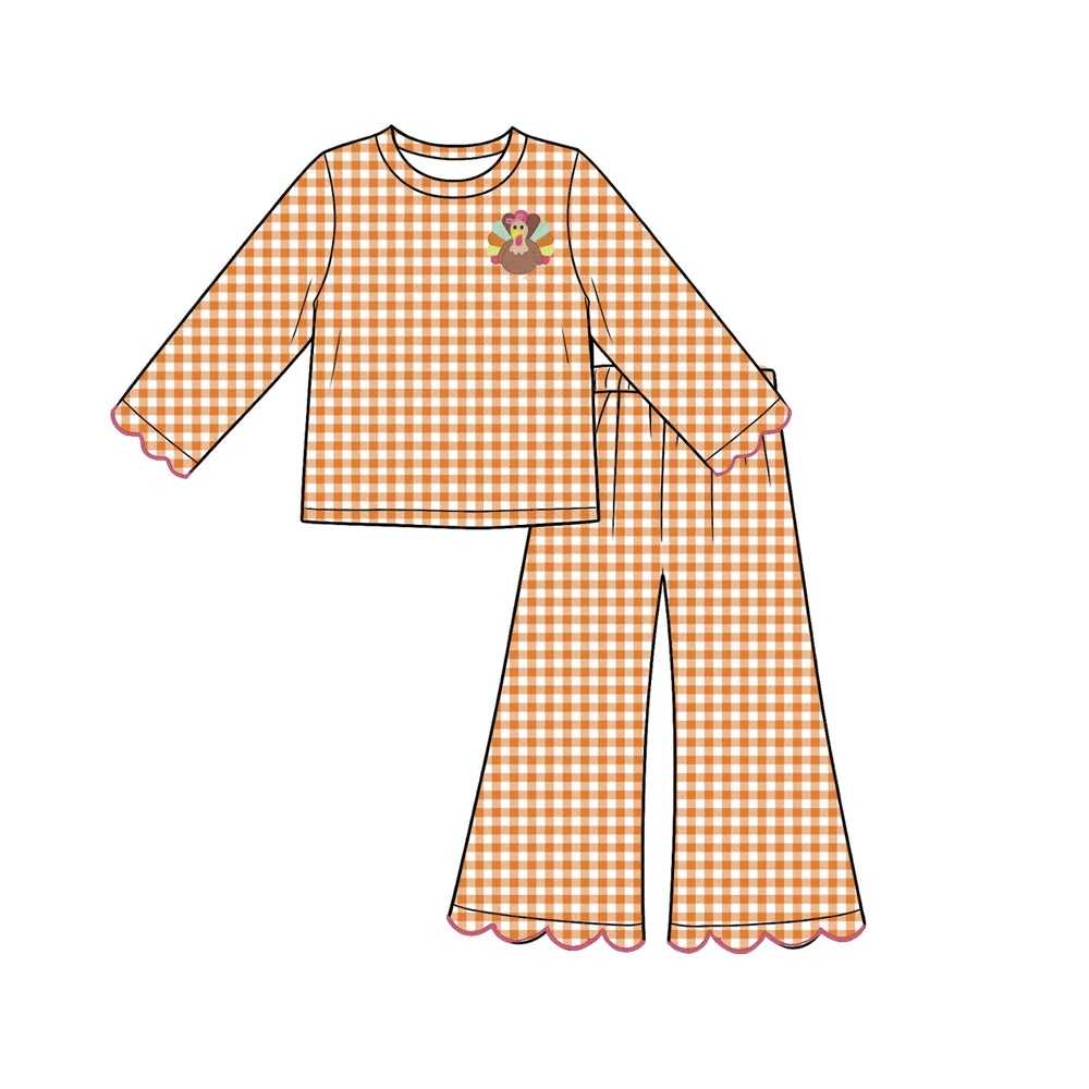 7.30 deisgn Baby Girls Orange Checked Turkey Top Scallop Pant Thanksgivings Clothes Set