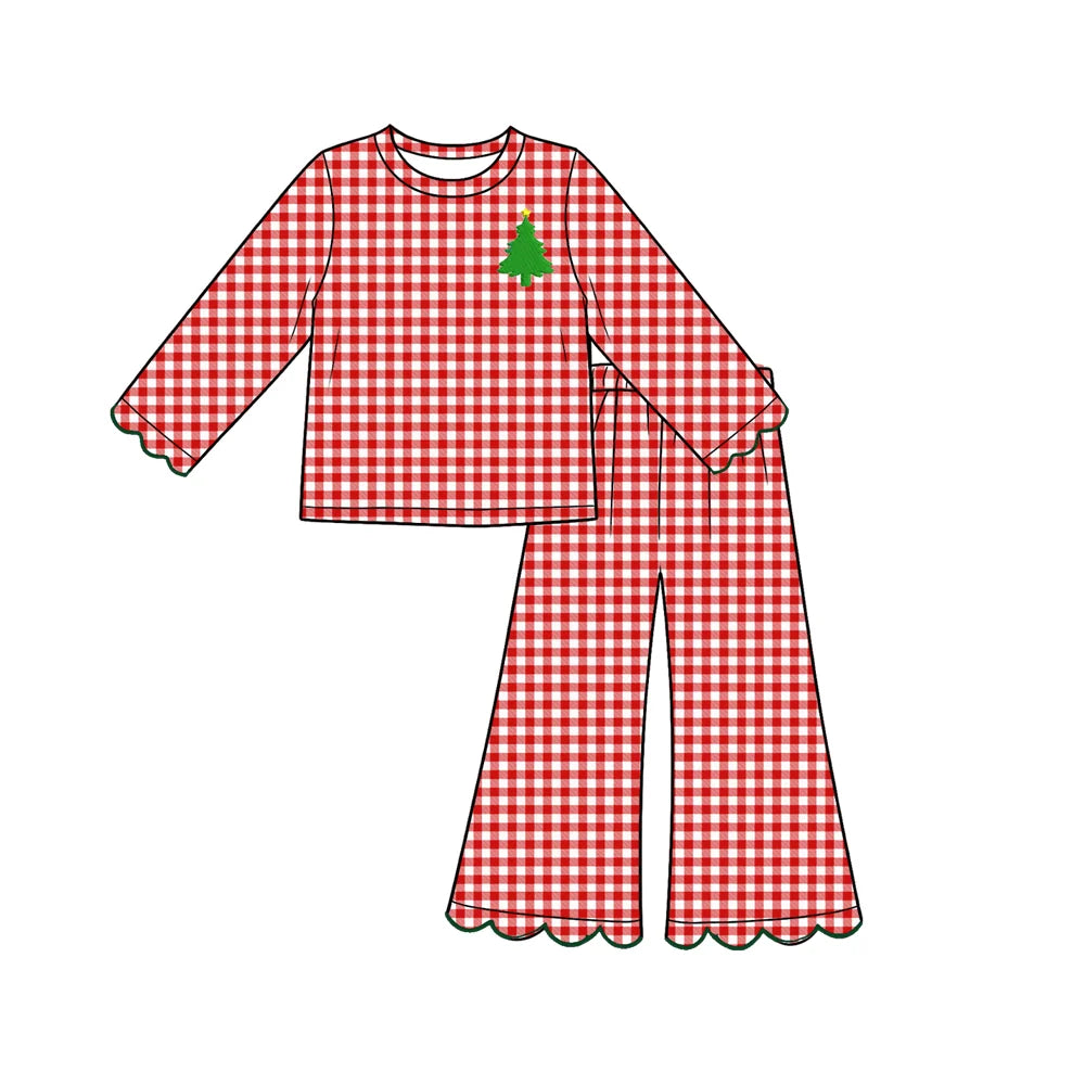 7.30 deisgn Baby Girls Red Checked Trees Top Scallop Pant Christmas Clothes Set