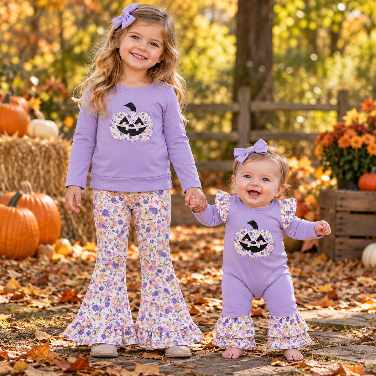 Sibling Baby Girls Embroidery Flowers Ghost Pumpkin Halloween Clothes Set Rompers