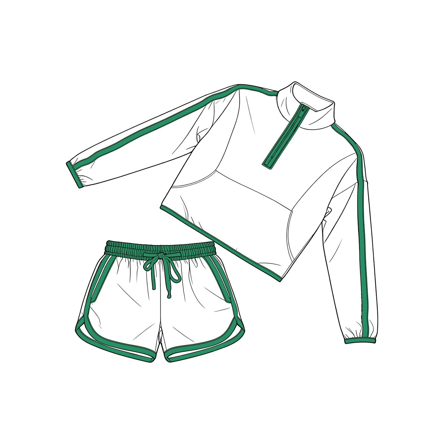 GLS0096 Preorder Baby Girl Long Sleeve Green Pockets Zip Pullover Top Short Clothes Set
