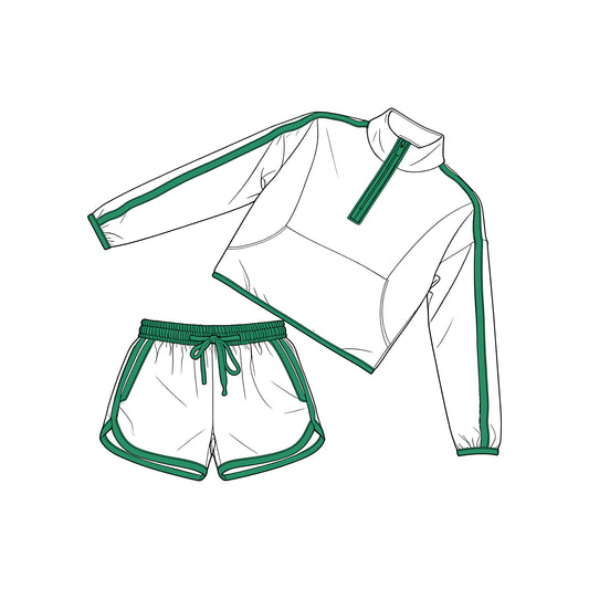 GLS0096 Preorder Baby Girl Long Sleeve Green Pockets Zip Pullover Top Short Clothes Set