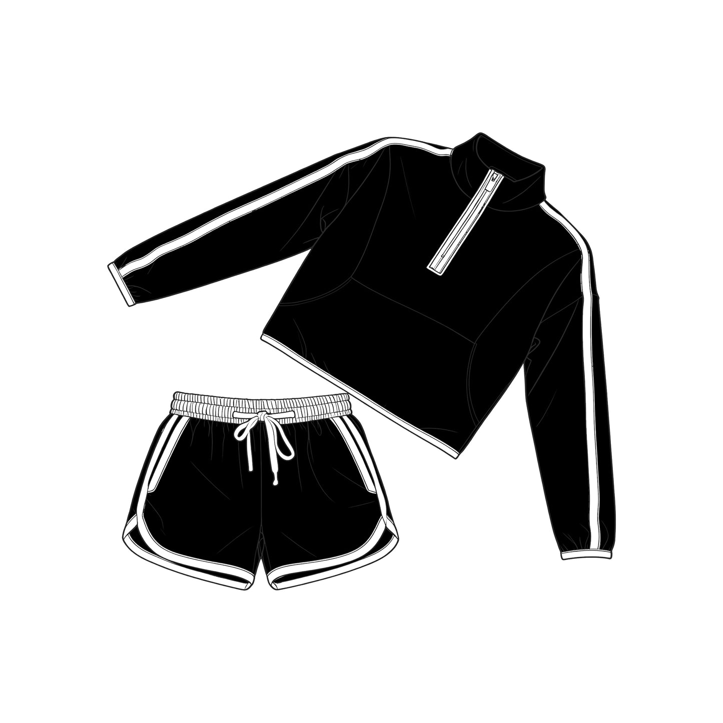 GLS0098 Preorder Baby Girl Long Sleeve Black Pockets Zip Pullover Top Short Clothes Set