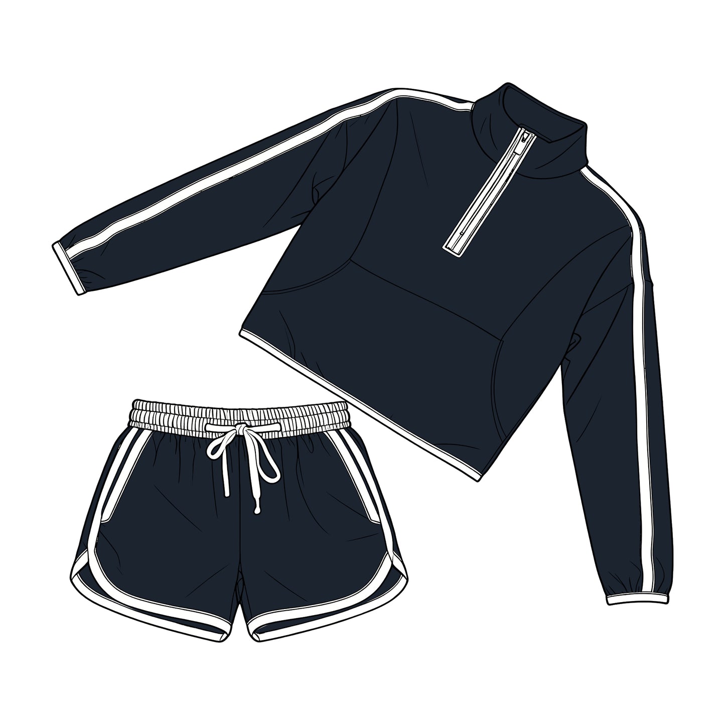 GLS0103 Preorder Adult Women Navy Pocket Zip Pullover Top Shorts Clothes Set