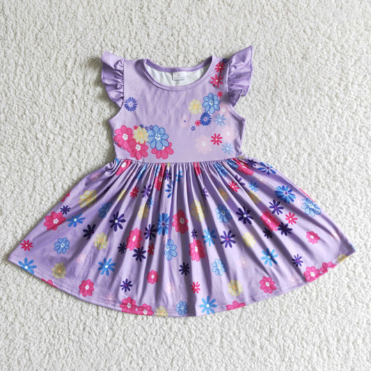 RTS NO MOQ（In Stock ) GSD0003 girls purple flying sleeve dress  Big skirt